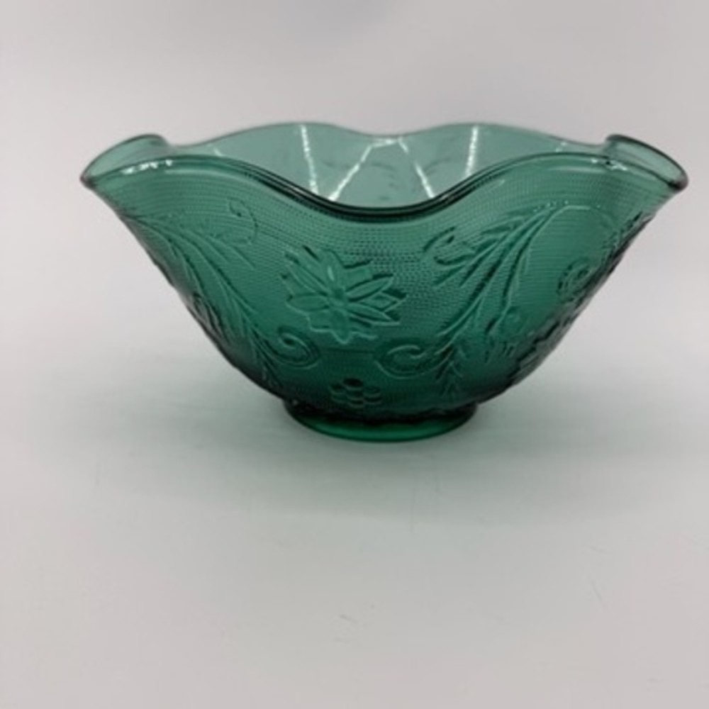 Vintage Teal Green Pressed Glass Floral Scalloped Footed Serving Bowl 10 inch